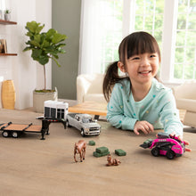 Load image into Gallery viewer, 1/32 CASE SV340B Pink Skid Steer On Flatbed Trailer With RAM Pickup & Accessories