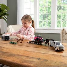 Load image into Gallery viewer, 1/32 CASE SV340B Pink Skid Steer On Flatbed Trailer With RAM Pickup & Accessories