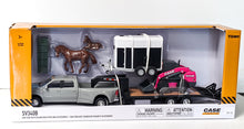 Load image into Gallery viewer, 1/32 CASE SV340B Pink Skid Steer On Flatbed Trailer With RAM Pickup & Accessories