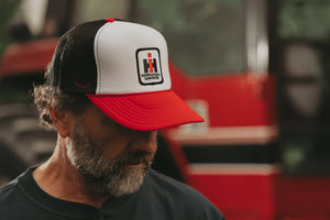 IH Logo Hat, White Foam Front with Red Brim and Mesh Black Back