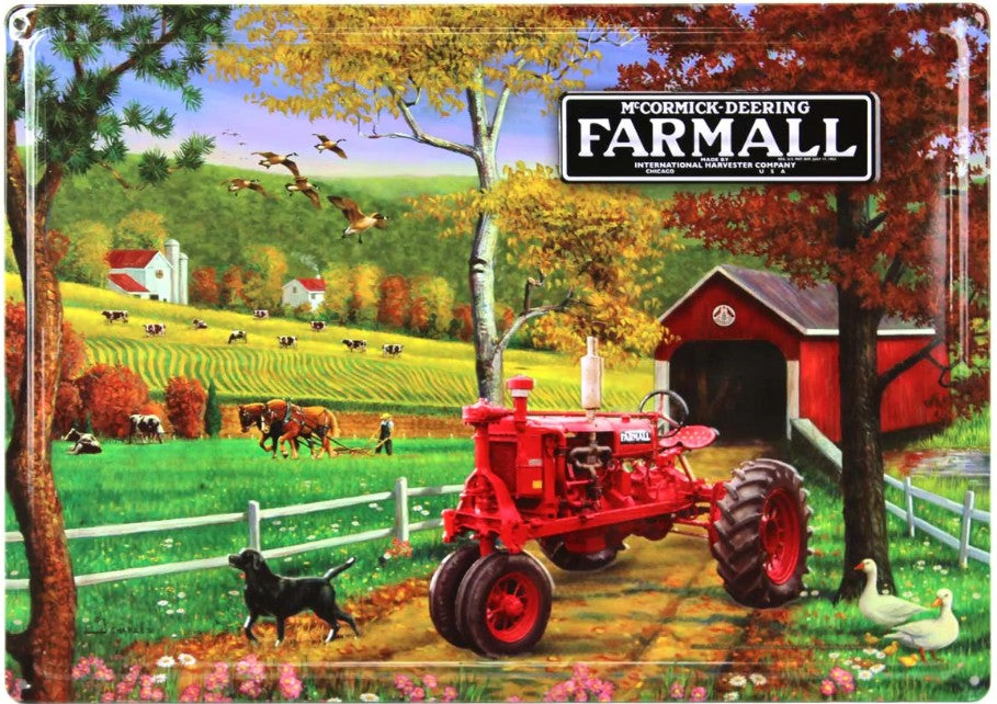 McCormick-Deering Farmall Tractor Covered Bridge Scene Tin Sign, 17in x 12in