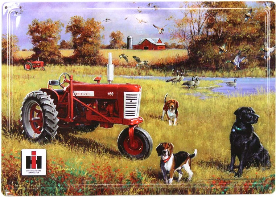 IH Farmall 450 Tractor with Dogs Farm Scene Tin Sign, 17in x 12in