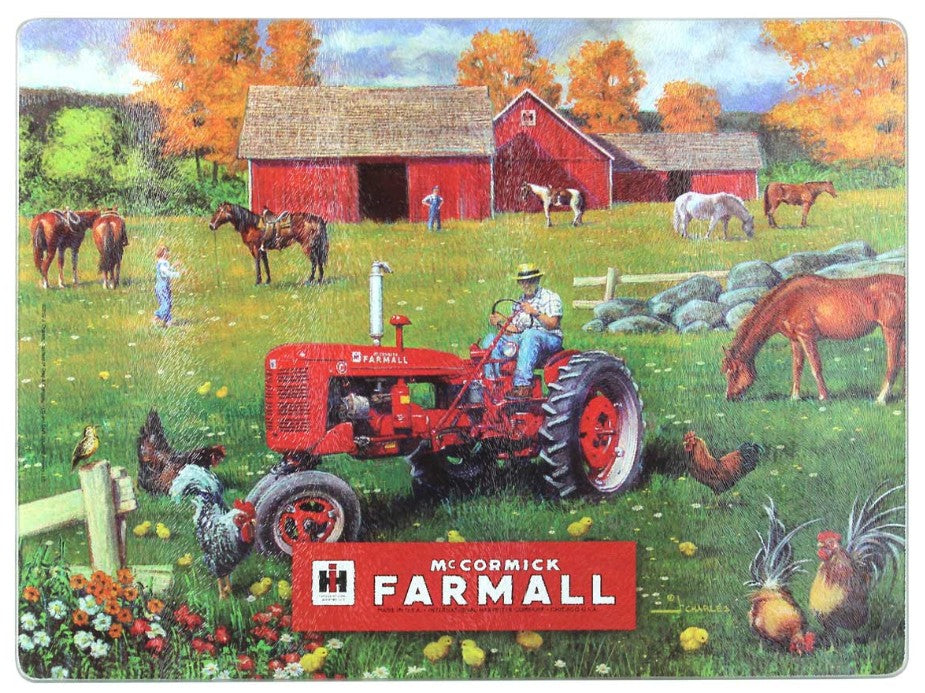 IH McCormick Farmall C Tractor in Farm Scene Glass Cutting Board, 15.5in x 11.75in
