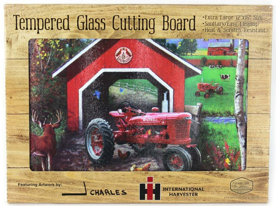 IH Farmall H Tractor with Covered Bridge Glass Cutting Board, 15.5in x 11.75in
