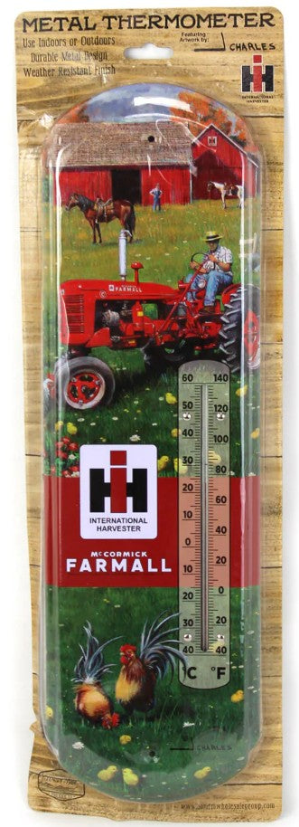 IH Farmall C Tractor in Farm Scene Metal Thermometer, 5.125in x 17.375in