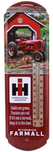 Load image into Gallery viewer, IH McCormick Farmall H Tractor Scene Metal Thermometer, 5.125in x 17.375in
