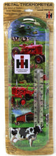 Load image into Gallery viewer, IH Farmall Cub &amp; H Tractors w/ Cows in Farm Scene Metal Thermometer, 5.125in x 17.375in
