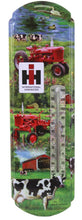 Load image into Gallery viewer, IH Farmall Cub &amp; H Tractors w/ Cows in Farm Scene Metal Thermometer, 5.125in x 17.375in
