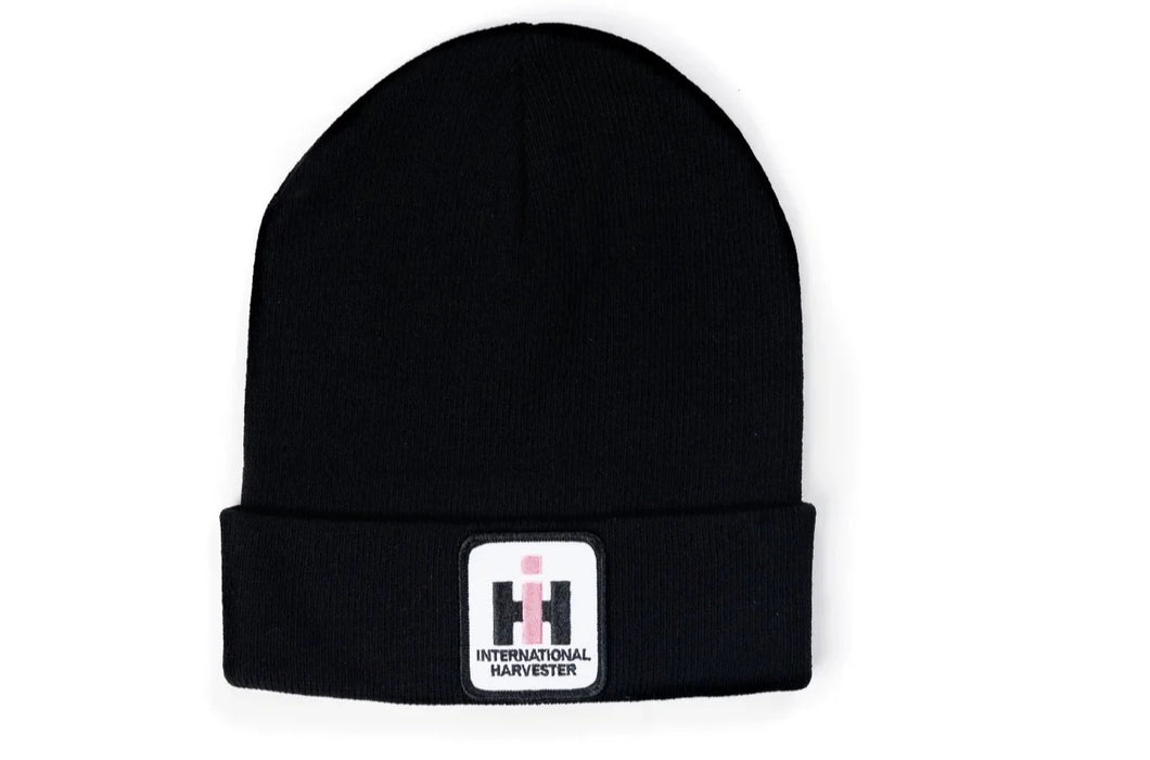 Ladies' IH Beanie Hat, Black Knit with Pink Logo