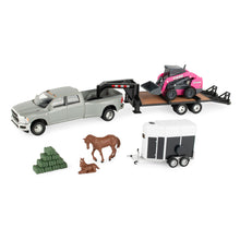 Load image into Gallery viewer, 1/32 CASE SV340B Pink Skid Steer On Flatbed Trailer With RAM Pickup &amp; Accessories
