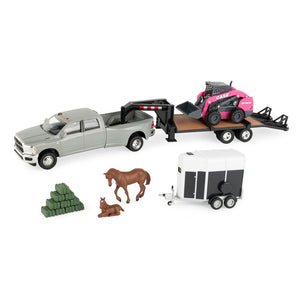 1/32 CASE SV340B Pink Skid Steer On Flatbed Trailer With RAM Pickup & Accessories